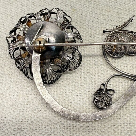 Vintage Sterling Silver Filigree Rose Brooch Pin‎ Intricate Ornate Hammered Stem - Picture 9 of 11